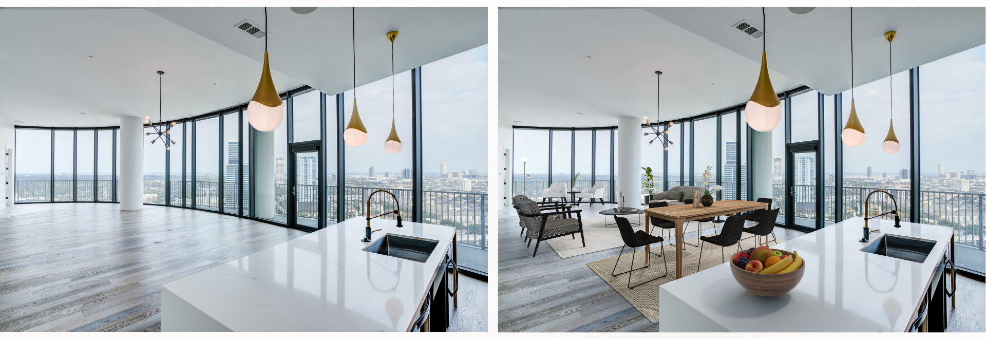 Before and after virtual staging of an apartment area