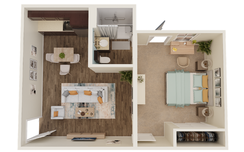 3D floor plan of an apartment at a senior living community by LCP Media
