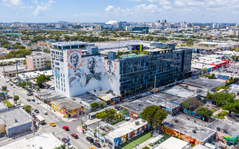 Professional drone photography of an apartment complex in an urban downtown setting