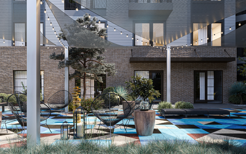 3D rendering of outside amenities at an apartment complex