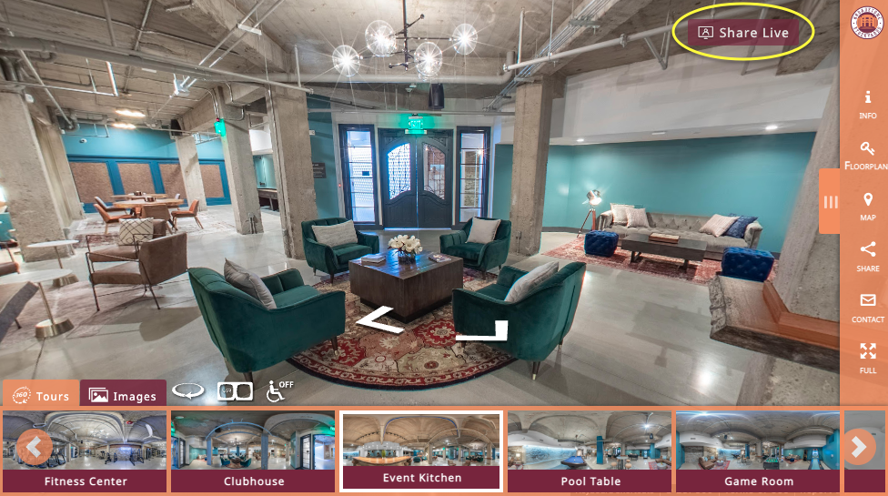 Lounge area with plush seating and industrial décor, showcasing the virtual tour capabilities of TourBuilder Connect, for online property showcasing.