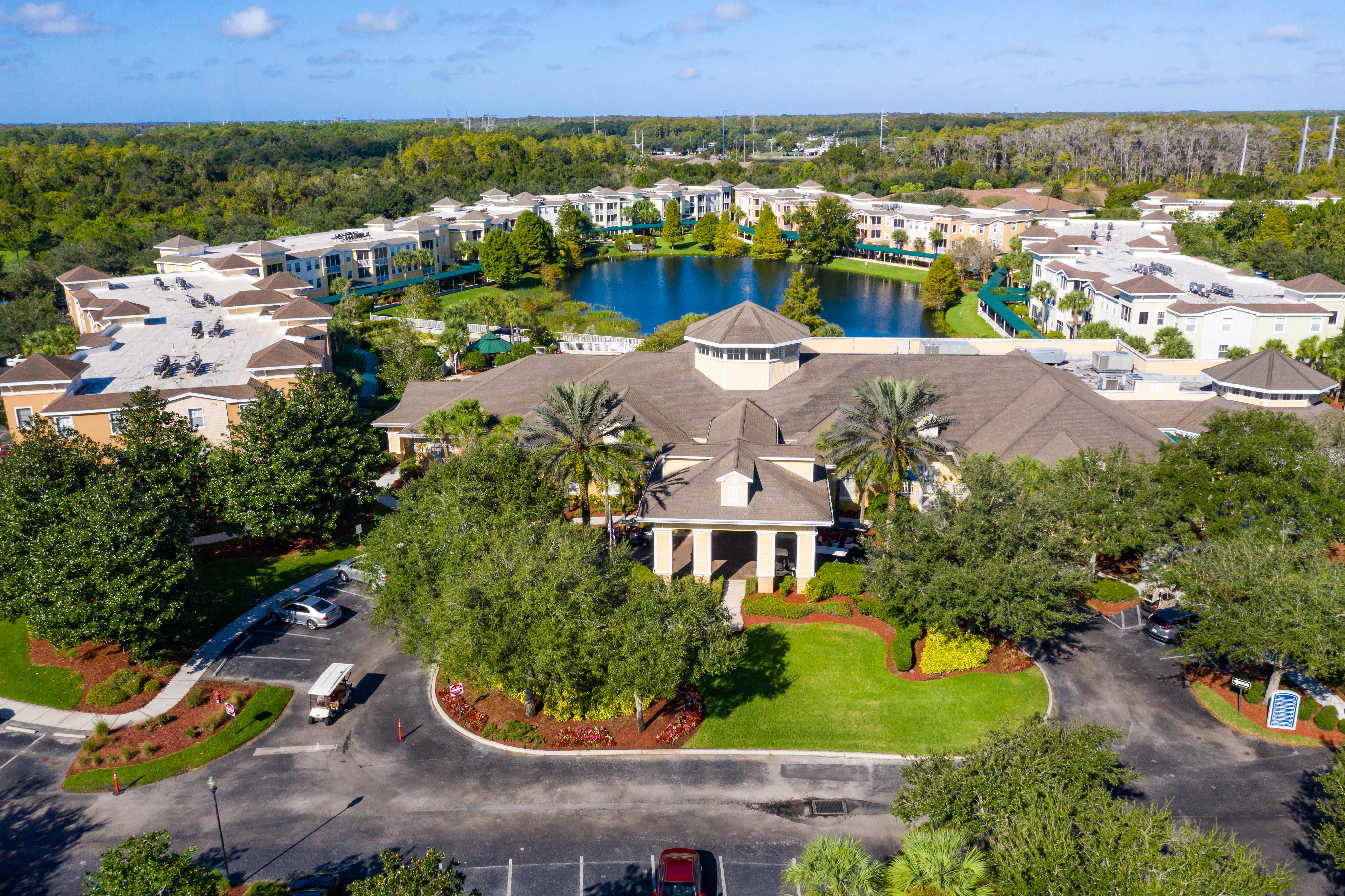 Exterior drone photograph of an apartment community