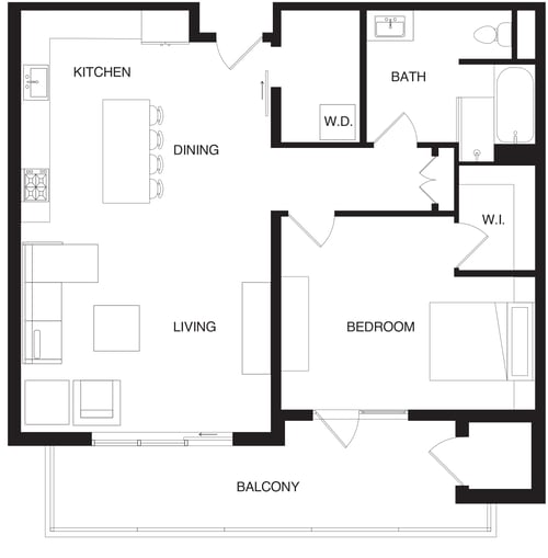 2D Floor Plan of a one bedroom apartment