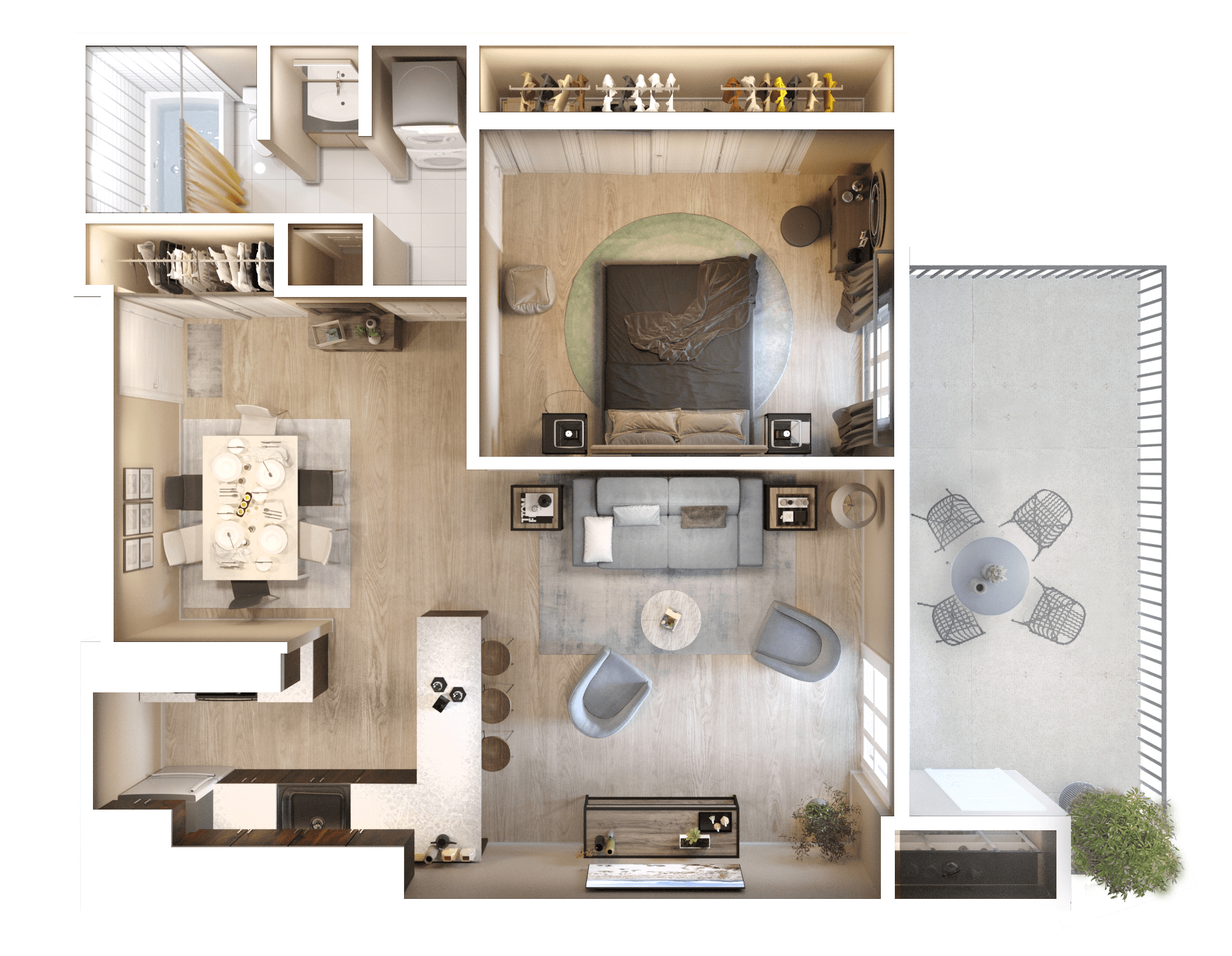 3D Floor Plan - 1 Bedroom