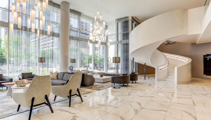 Interior photograph of an apartment lobby