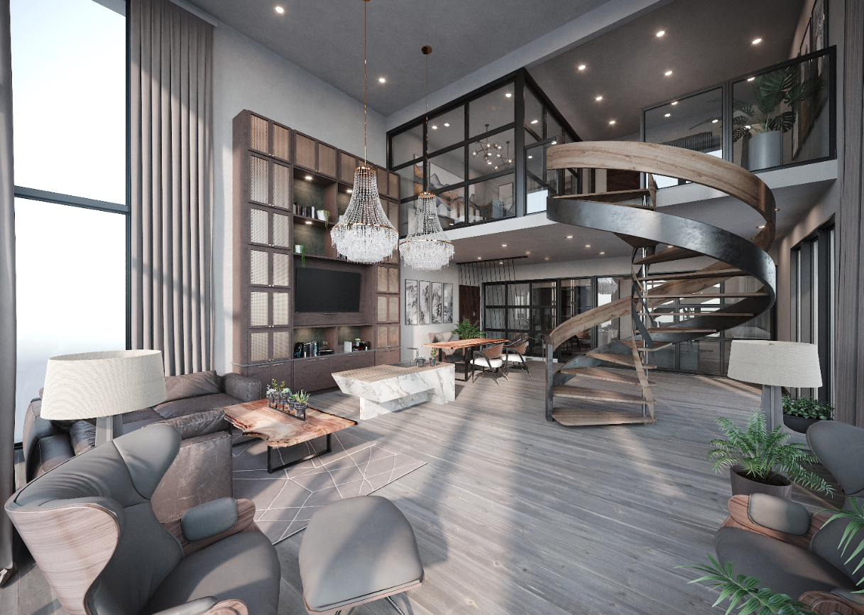 Interior 3D rendering of an apartment lobby and clubroom