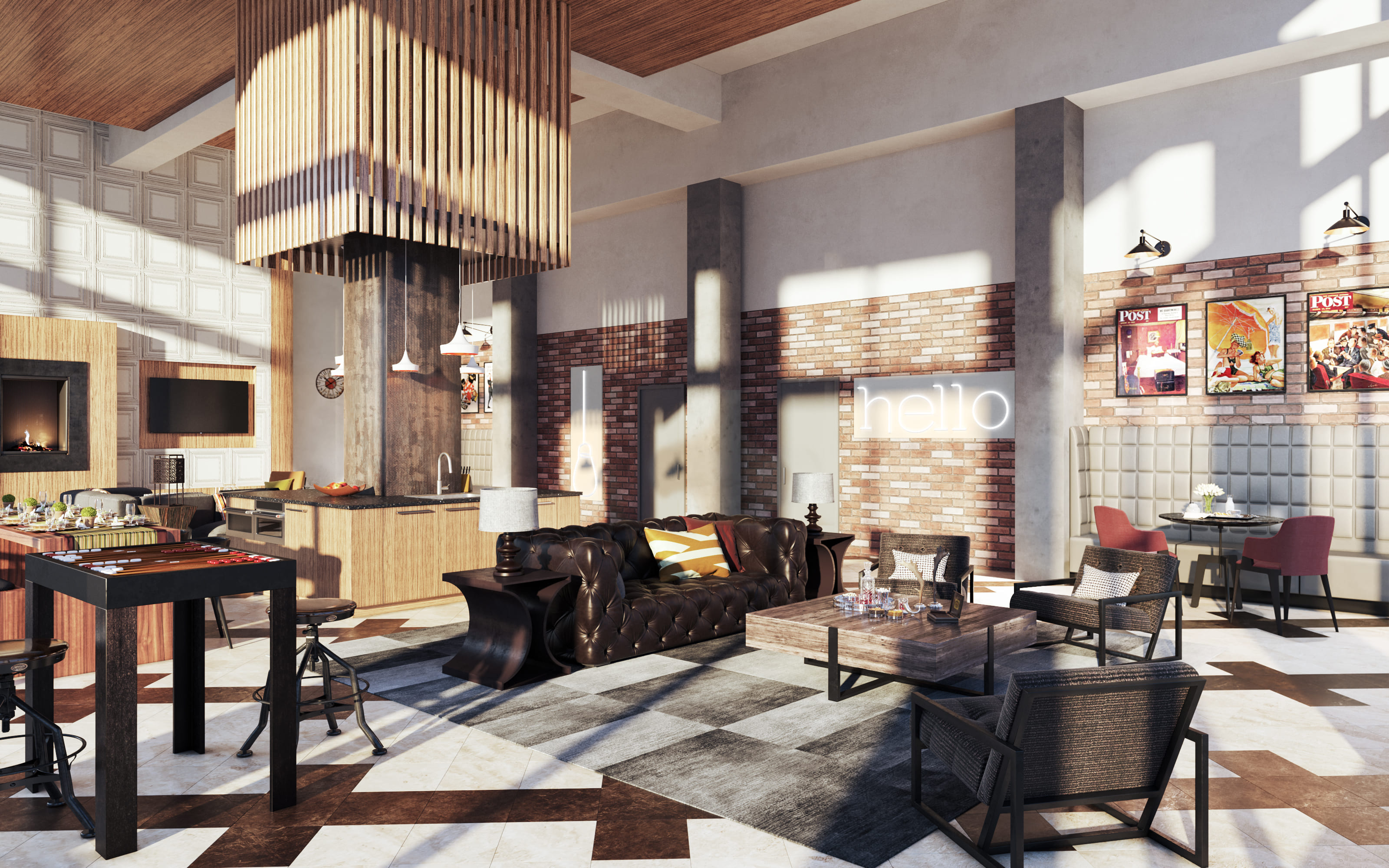 Interior 3D rendering of an apartment community clubroom