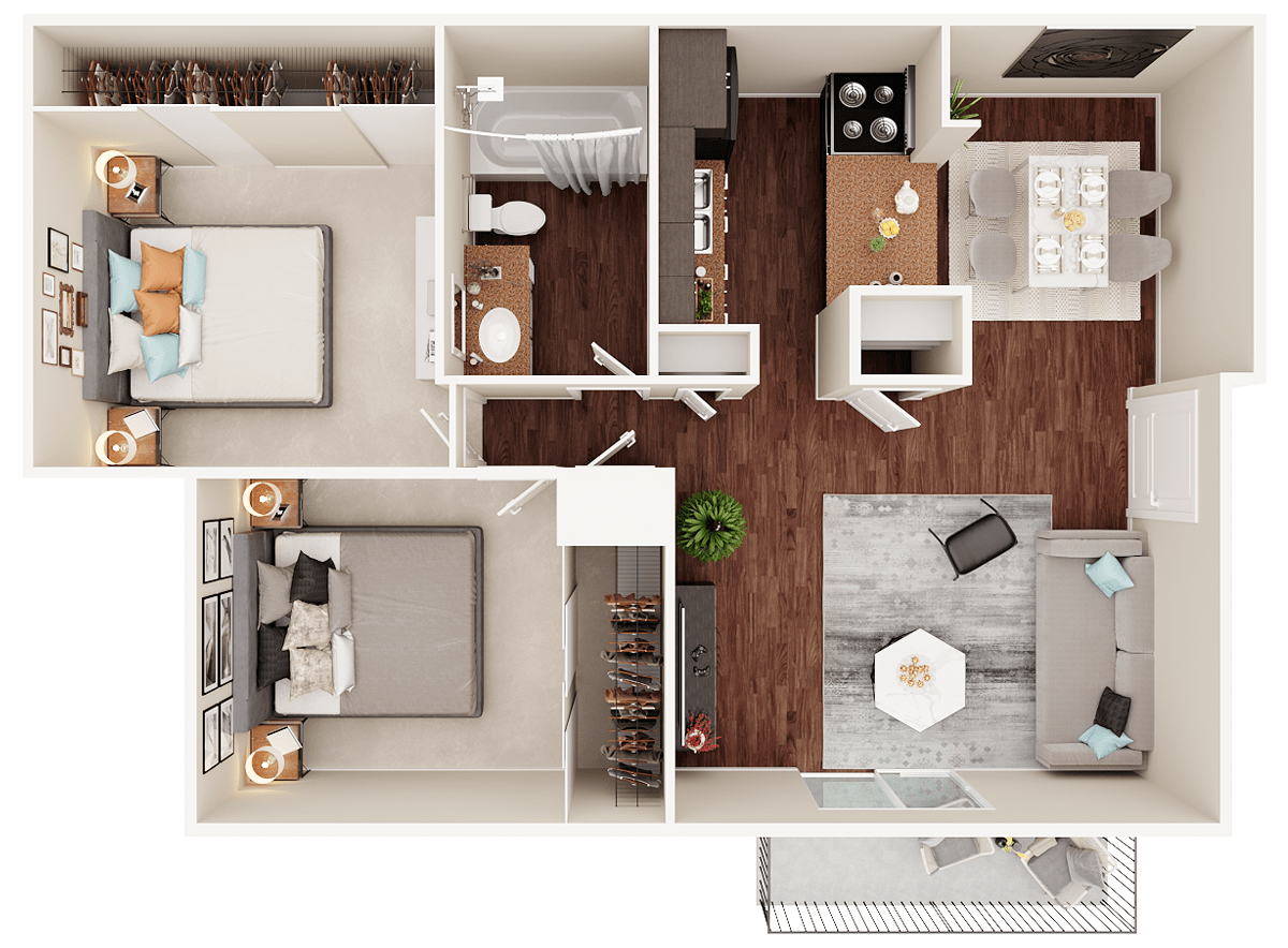 3D Floor Plan of a 2 bedroom apartment