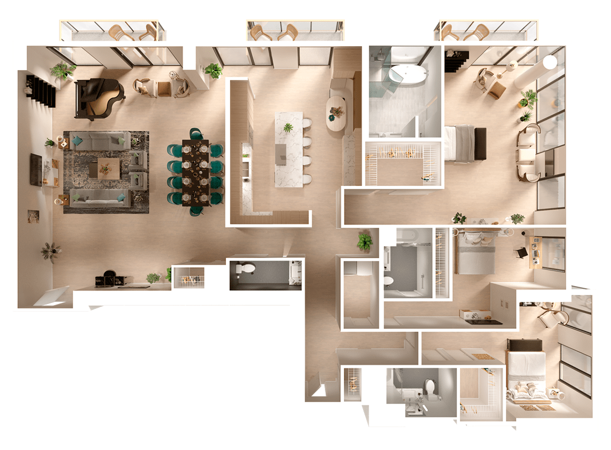 3D Floor Plan of a 3 bedroom luxury apartment