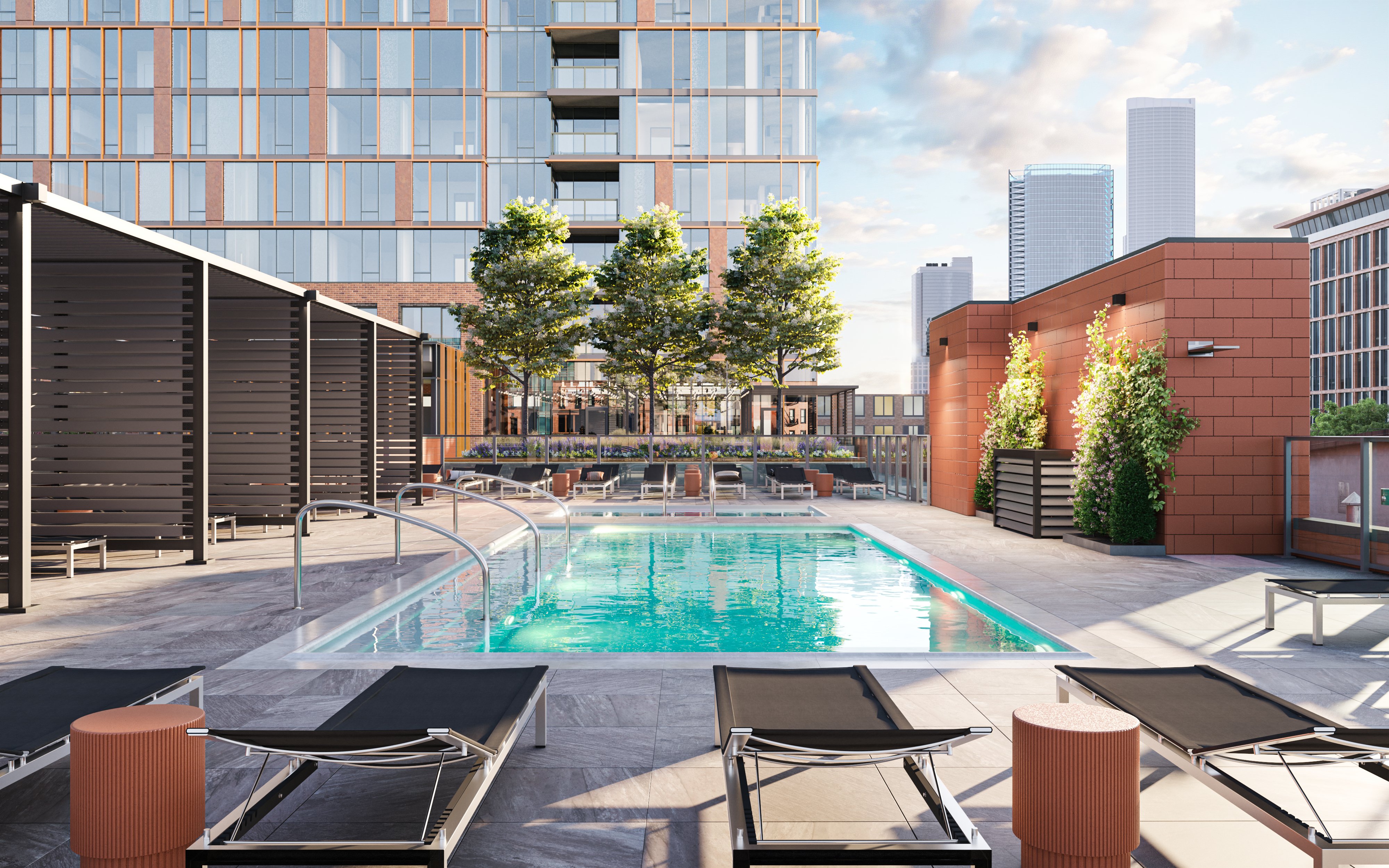 Exterior 3D rendering of an apartment community rooftop pool