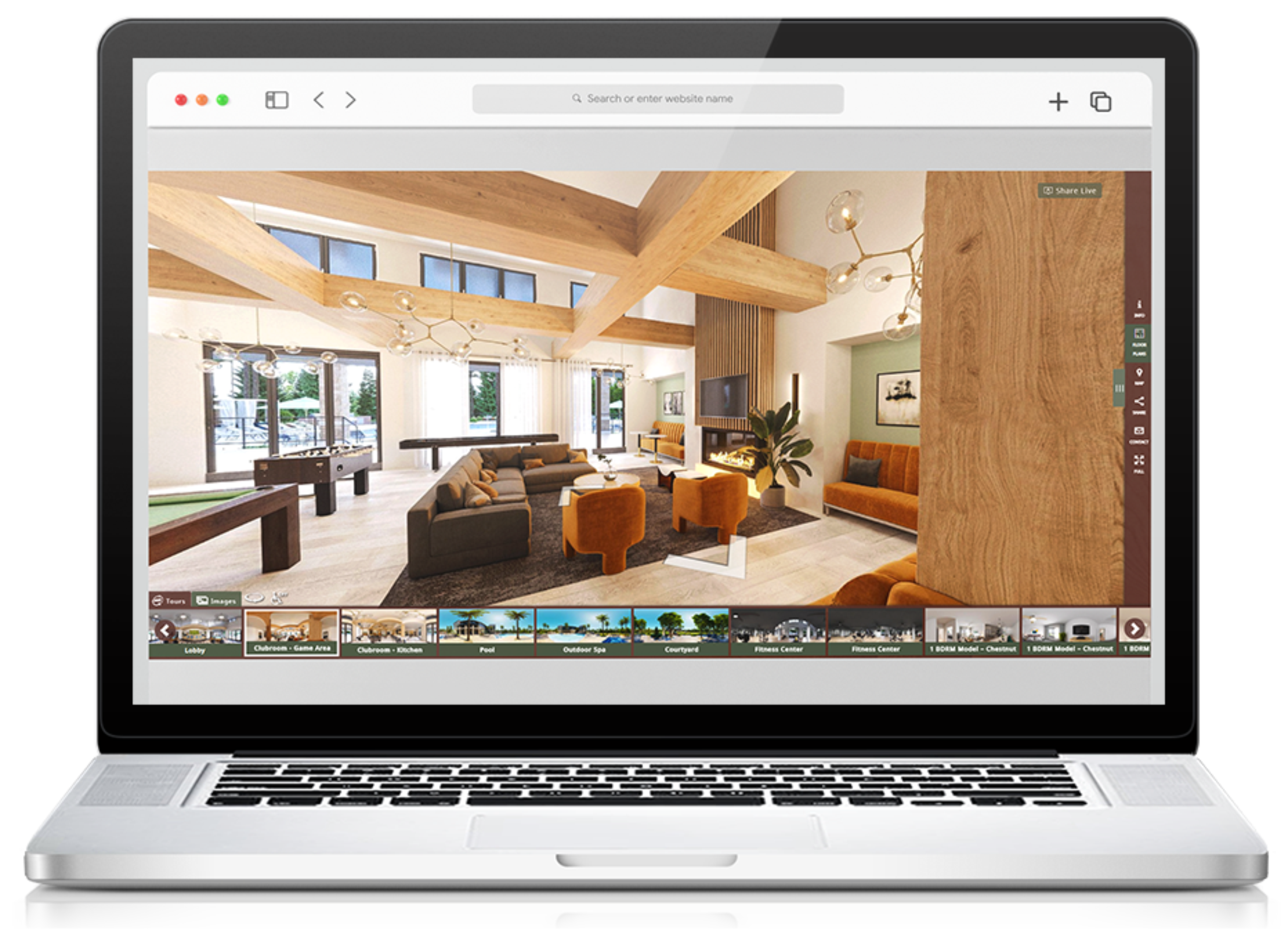 TourBuilder Pro virtual tour of community room on a laptop