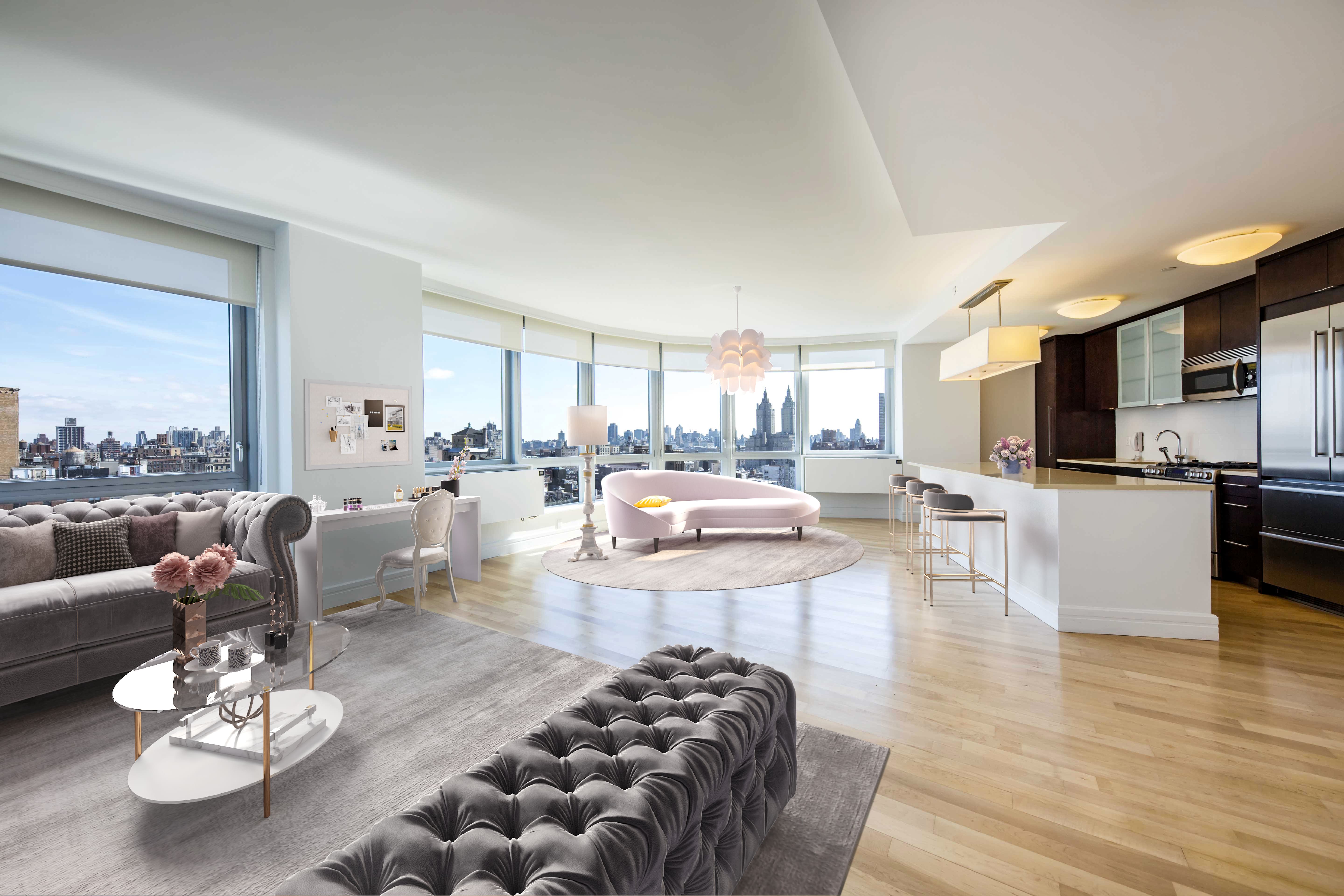 Virtual staging image of high rise apartment unit living room
