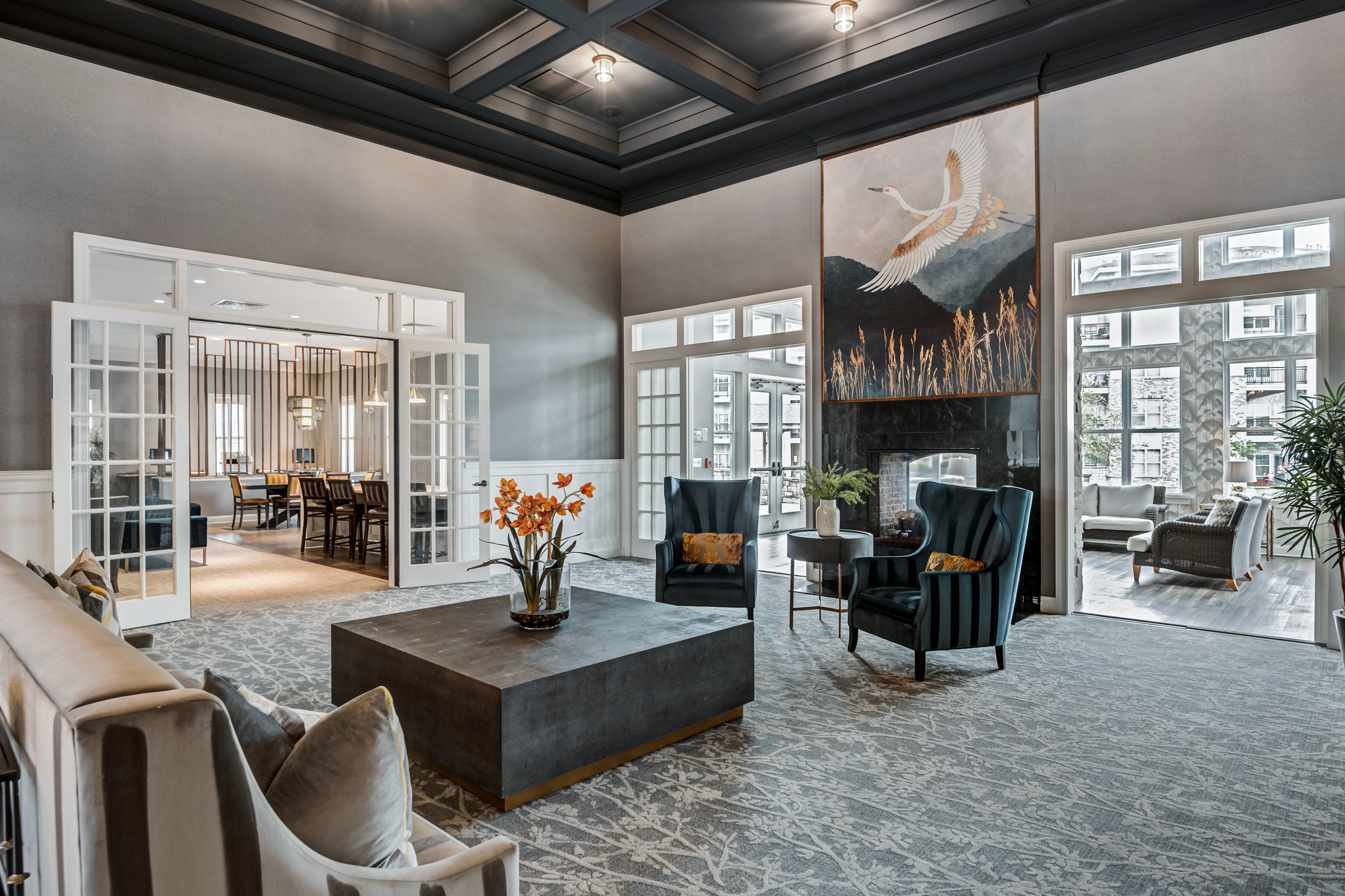 Still interior photograph of Columbia Overlook lobby room