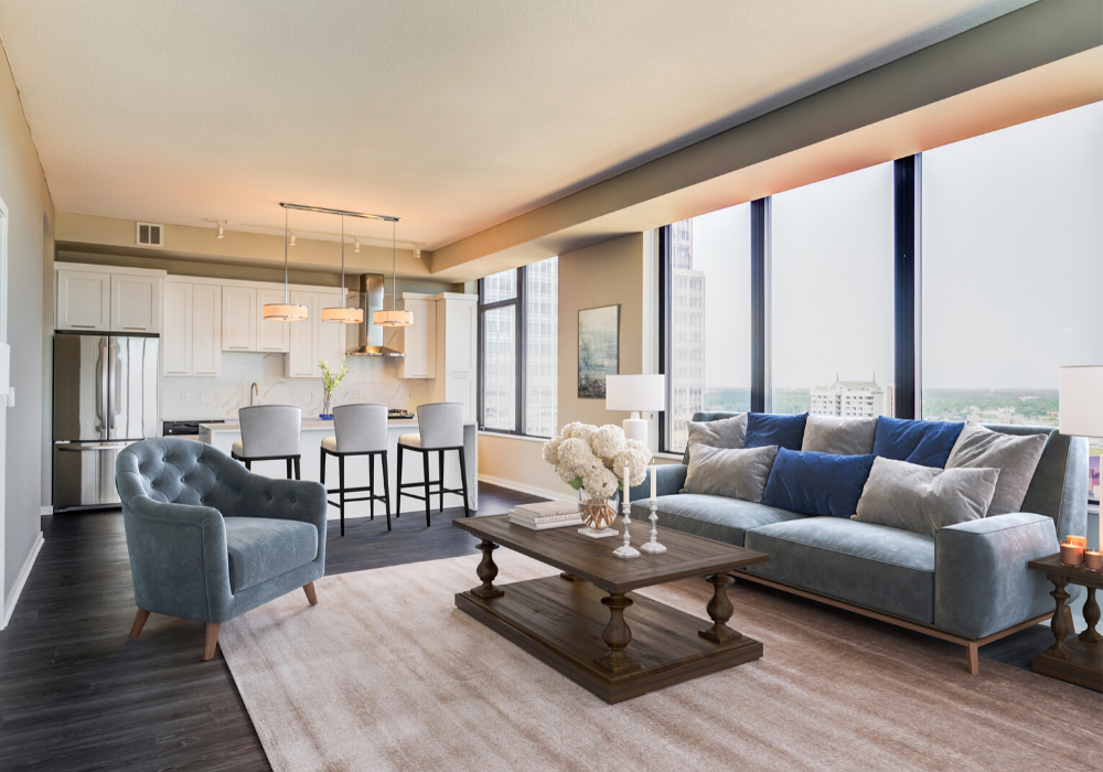 Virtual staging image of a high rise apartment unit living room