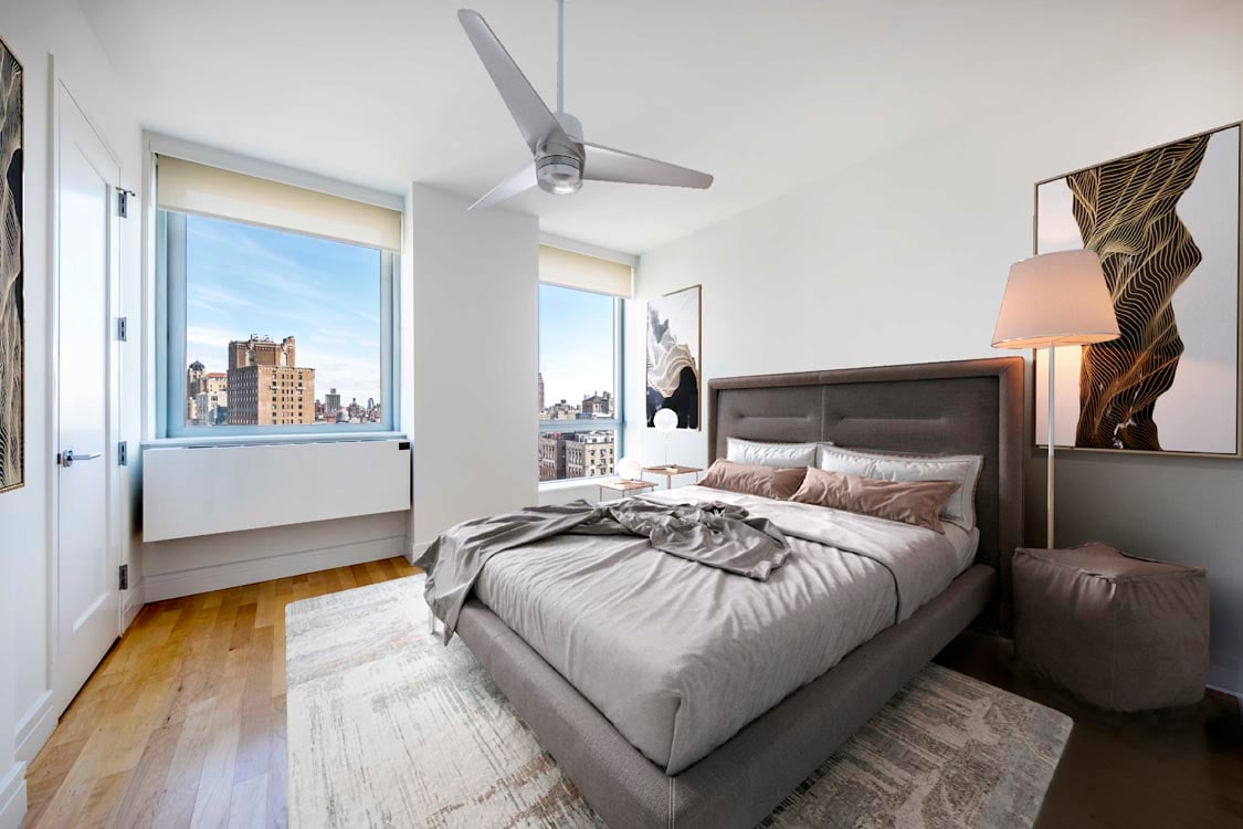 Virtual staging of a bedroom in a downtown setting